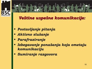 Veštine uspešne   komunikacije: Postavljanje pitanja Aktivno slušanje Parafraziranje Izbegavanje ponašanja koja ometaju komunikaciju Sumiranje razgovora 