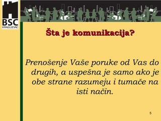 Prenošenje  V aše poruke od Vas do drugih, a uspešna je samo ako je obe strane razumeju i tumače na isti način. Šta je komunikacija? 