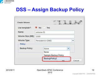 DSS – Assign Backup Policy




2012/8/11          OpenStack APAC Conference                         19
                              2012
                                               Copyright 2009 ITRI 工業技術研究院
 