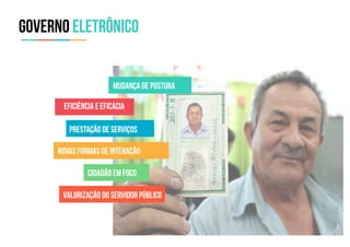 GOVERNO ELETRÔNICO
MUDANÇA DE POSTURA
EFICIÊNCIA E EFICÁCIA
PRESTAÇÃO DE SERVIÇOS
NOVAS FORMAS DE INTERAÇÃO
CIDADÃO EM FOCO
VALORIZAÇÃO DO SERVIDOR PÚBLICO
 