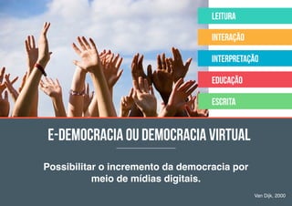 e-democracia ou democracia virtual
leitura
interação
interpretação
educação
escrita
Possibilitar o incremento da democracia por
meio de mídias digitais.
Van Dijk, 2000
 