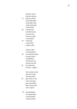31

Está sem mulher,
está sem discurso,
15

está sem carinho,
já não pode beber,
já não pode fumar,
cuspir já não pode,
a noite esfriou,

20

o dia não veio,
o bonde não veio,
o riso não veio,
não veio a utopia
e tudo acabou

25

e tudo fugiu
e tudo mofou,
e agora, José?
E agora, José?
sua doce palavra,

30

seu instante de febre,
sua gula e jejum,
sua biblioteca,
sua lavra de ouro,
seu terno de vidro,

35

sua incoerência,
seu ódio – e agora?
Com a chave na mão
quer abrir a porta,
não existe porta;

40

quer morrer no mar,
mas o mar secou;
quer ir para Minas,
Minas não há mais.
José, e agora?

45

Se você gritasse,
se você gemesse,
se você tocasse
a valsa vienense,

 