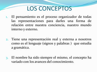LOS CONCEPTOS
1.

El pensamiento es el proceso organizador de todas
las representaciones para darles una forma de
relación entre nuestra conciencia, nuestro mundo
interno y externo.

2. Tiene una representación real y externa a nosotros

como es el lenguaje (signos y palabras ) que estudia
a gramática.
3. El nombre ha sido siempre el mismo, el concepto ha

variado con los avances del conocimiento.

 
