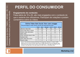 PERFIL DO CONSUMIDOR Universidade de Aveiro | DeCA | MCMM | 09/10 | Conteúdos Audiovisuais para os Novos Media Marketing viral Engajamento do conteúdo: Faixa etária de 18 a 29, são mais engajados com o conteúdo do que o restante dos utilizadores. Participam de votações e postam comentários sobre os vídeos.  