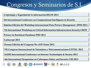 Congresos y Seminarios de S.I.
Criptología y Seguridad de la Información RECSI 2012

5th International Conference on Computational Intelligence in Security

Séptima Edición del Workshop internacional Data Privacy Management DPM 2012

7th International Workshop on Critical Information Infrastructures Security CRITI

Privacy in Statistical Databases PSD 2012

Latincrypt 2012

Novena Edición del Congreso No cON Name 2012

VII Congreso Internacional de Telemática y Telecomunicaciones CITTEL 2012

IADIS International Conference on Internet Technologies & Society 2012

4th International Symposium on Cyberspace Safety and Security CSS 2012
 
