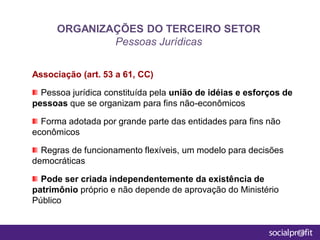 Associação (art. 53 a 61, CC)
Pessoa jurídica constituída pela união de idéias e esforços de
pessoas que se organizam para fins não-econômicos
Forma adotada por grande parte das entidades para fins não
econômicos
Regras de funcionamento flexíveis, um modelo para decisões
democráticas
Pode ser criada independentemente da existência de
patrimônio próprio e não depende de aprovação do Ministério
Público
ORGANIZAÇÕES DO TERCEIRO SETOR
Pessoas Jurídicas
 