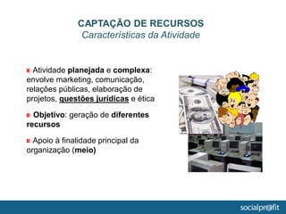 Atividade planejada e complexa:
envolve marketing, comunicação,
relações públicas, elaboração de
projetos, questões jurídicas e ética
Objetivo: geração de diferentes
recursos
Apoio à finalidade principal da
organização (meio)
CAPTAÇÃO DE RECURSOS
Características da Atividade
 