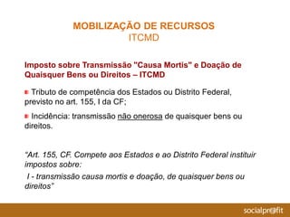 Imposto sobre Transmissão "Causa Mortis" e Doação de
Quaisquer Bens ou Direitos – ITCMD
Tributo de competência dos Estados ou Distrito Federal,
previsto no art. 155, I da CF;
Incidência: transmissão não onerosa de quaisquer bens ou
direitos.
“Art. 155, CF. Compete aos Estados e ao Distrito Federal instituir
impostos sobre:
I - transmissão causa mortis e doação, de quaisquer bens ou
direitos”
MOBILIZAÇÃO DE RECURSOS
ITCMD
 