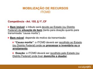 Competência - Art. 155, § 1º, CF
Bem imóvel: o tributo será devido ao Estado (ou Distrito
Federal) de situação do bem (tanto para doação quanto para
transmissão “causa mortis”)
Bem móvel: depende do motivo da transmissão:
“Causa mortis”: o ITCMD deverá ser recolhido ao Estado
(ou Distrito Federal) onde se processar o inventário ou o
arrolamento.
Doação: o ITCMD deverá ser recolhido pelo Estado (ou
Distrito Federal) onde tiver domicílio o doador.
MOBILIZAÇÃO DE RECURSOS
ITCMD
 