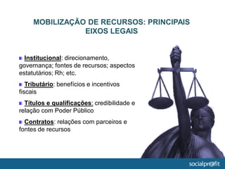 Institucional: direcionamento,
governança; fontes de recursos; aspectos
estatutários; Rh; etc.
Tributário: benefícios e incentivos
fiscais
Títulos e qualificações: credibilidade e
relação com Poder Público
Contratos: relações com parceiros e
fontes de recursos
MOBILIZAÇÃO DE RECURSOS: PRINCIPAIS
EIXOS LEGAIS
 