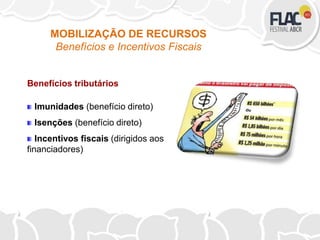 Imunidades (benefício direto)
Isenções (benefício direto)
Incentivos fiscais (dirigidos aos
financiadores)
MOBILIZAÇÃO DE RECURSOS
Benefícios e Incentivos Fiscais
Benefícios tributários
 