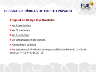 Artigo 44 do Código Civil Brasileiro
As Associações
As Sociedades
As Fundações
As Organizações Religiosas
Os partidos políticos
As empresas individuais de responsabilidade limitada. (Incluído
pela Lei nº 12.441, de 2011)
PESSOAS JURÍDICAS DE DIREITO PRIVADO
 