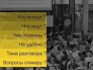 Кто вокруг ?
Что ищут ?
Чем полезны ?
Не удобно ?
Тема разговора ?
Вопросы спикеру ?
 