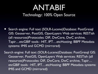 ANTABIF Search engine: Full text (SOLR-Lucene)Database: PostGresql GIS: Geoserver, PostGIS, OpenLayers Web services: RESTish (all resources)Protocoles: DIF, DwCore, DwC archive, Tapir…etcGBIF tools : HIT, IPT…etcHosting: BBPF Metadata systems: IMIS and GCMD (mirrored) Search engine: Full text (SOLR-Lucene)Database: PostGresql GIS: Geoserver, PostGIS, OpenLayers Web services: RESTish (all resources)Protocoles: DIF, DwCore, DwC archive, Tapir…etcGBIF tools : HIT, IPT…etcHosting: BBPF Metadata systems: IMIS and GCMD (mirrored) Technology: 100% Open Source 
