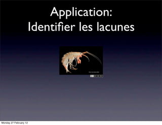 Application:
                        Identiﬁer les lacunes




Monday 27 February 12
 