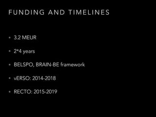 F U N D I N G A N D T I M E L I N E S
• 3.2 MEUR
• 2*4 years
• BELSPO, BRAIN-BE framework
• vERSO: 2014-2018
• RECTO: 2015-2019
 