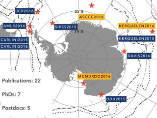 C A R L I N I 2 0 1 5
A M L R 2 0 1 4
J C R 2 0 1 6
S I P E S 2 0 1 5
M C M U R D O 2 0 1 6
D D U 2 0 1 5
D AV I S 2 0 1 6
A S C C C 2 0 1 6
K E R G U E L E N 2 0 1 5
C A R L I N I 2 0 1 6
K E R G U E L E N 2 0 1 6
Publications: 22
PhDs: 7
Postdocs: 5
 