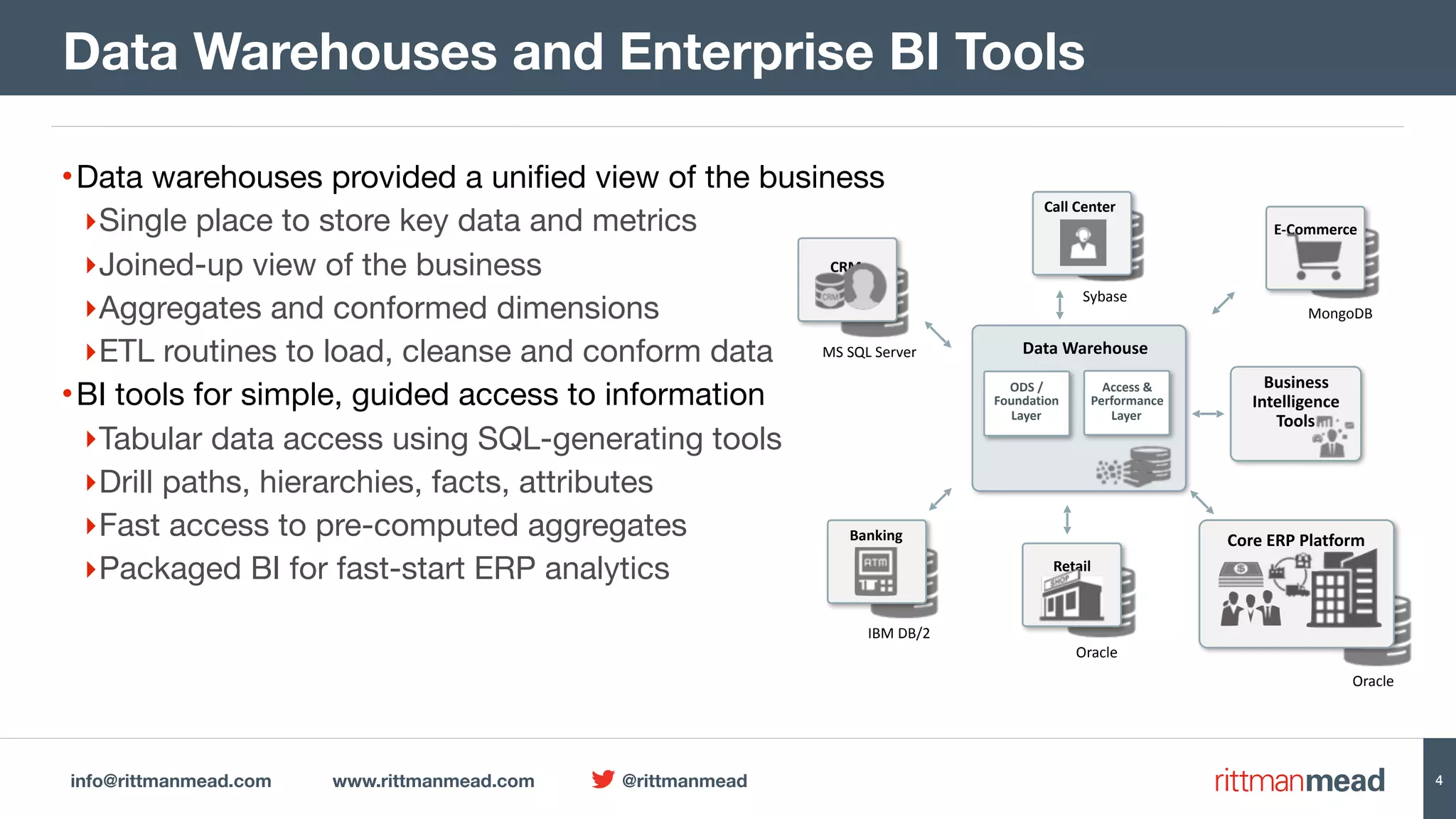 info@rittmanmead.com www.rittmanmead.com @rittmanmead 4 •Data warehouses provided a uniﬁed view of the business ‣Single place to store key data and metrics ‣Joined-up view of the business ‣Aggregates and conformed dimensions ‣ETL routines to load, cleanse and conform data •BI tools for simple, guided access to information ‣Tabular data access using SQL-generating tools ‣Drill paths, hierarchies, facts, attributes ‣Fast access to pre-computed aggregates ‣Packaged BI for fast-start ERP analytics Data Warehouses and Enterprise BI Tools Oracle MongoDB Oracle Sybase IBM	DB/2 MS	SQL MS	SQL	Server Core	ERP	Platform Retail Banking Call	Center E-Commerce CRM   Business Intelligence Tools   Data	Warehouse Access	&  Performance  Layer ODS	/  Foundation  Layer 4 