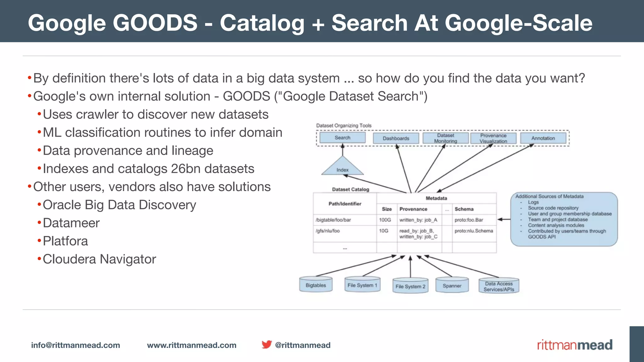 info@rittmanmead.com www.rittmanmead.com @rittmanmead •By definition there's lots of data in a big data system ... so how do you find the data you want? •Google's own internal solution - GOODS ("Google Dataset Search") •Uses crawler to discover new datasets •ML classification routines to infer domain •Data provenance and lineage •Indexes and catalogs 26bn datasets •Other users, vendors also have solutions •Oracle Big Data Discovery •Datameer •Platfora •Cloudera Navigator Google GOODS - Catalog + Search At Google-Scale 