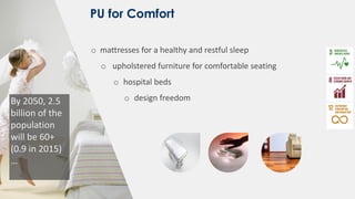 PU for Comfort
o mattresses for a healthy and restful sleep
o upholstered furniture for comfortable seating
o hospital beds
o design freedomBy 2050, 2.5
billion of the
population
will be 60+
(0.9 in 2015)
…
 