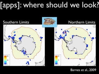 [apps]: where should we look?
Southern Limits                         Northern Limits




      Over 2-fold decrease / 10 years

      Over 2-fold increase / 10 years
                                         Barnes Atkinson et al 2004
                                                et al., 2009
 