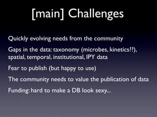 [main] Challenges
Quickly evolving needs from the community
Gaps in the data: taxonomy (microbes, kinetics??),
spatial, temporal, institutional, IPY data
Fear to publish (but happy to use)
The community needs to value the publication of data
Funding: hard to make a DB look sexy...
 