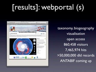 [results]: webportal (s)

               taxonomy, biogeography
                     vizualisation
                     open access
                   860,458 visitors
                    7,465,974 hits
               >50,000,000 dld records
                 ANTABIF coming up
 