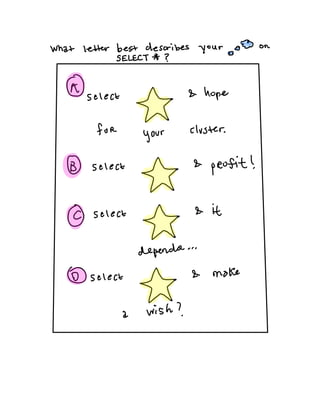 What letter best describes your ego
on
T
select hope
for
your
cluster
select profit
I
l select
y
it
depends
select make
a ...