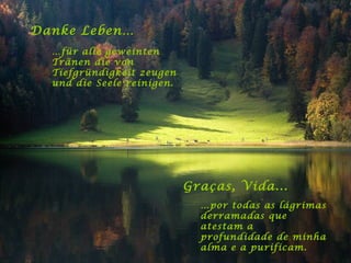 Danke Leben… … für alle geweinten Tränen die von Tiefgründigkeit zeugen und die Seele reinigen. Graças, Vida... … por todas as lágrimas derramadas que atestam a profundidade de minha alma e a purificam. 