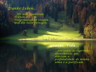 Danke Leben… … für alle geweinten Tränen die von Tiefgründigkeit zeugen und die Seele reinigen. Graças, Vida... … por todas as lágrimas derramadas que atestam a profundidade de minha alma e a purificam. 