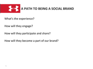 A PATH TO BEING A SOCIAL BRAND What’s the experience? How will they engage? How will they participate and share? How will they become a part of our brand? 