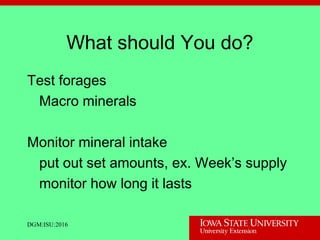 What should You do?
Test forages
Macro minerals
Monitor mineral intake
put out set amounts, ex. Week’s supply
monitor how long it lasts
DGM:ISU:2016
 