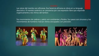 MAMBO
Las raíces del mambo son africanas. Esa herencia africana es obvia en su lenguaje
dancístico. El mambo auténtico se caracteriza por una expresión libre que responde
orgánicamente a los ritmos del tambor.
Sus movimientos de caderas y pelvis son ondulantes y fluidos, Sus pasos son sinuosos y los
movimientos de hombros marcan ritmos sincopados con precisión.
 