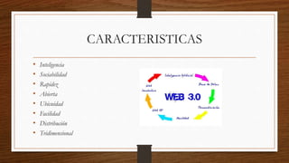 CARACTERISTICAS
• Inteligencia
• Sociabilidad
• Rapidez
• Abierta
• Ubicuidad
• Facilidad
• Distribución
• Tridimensional
 