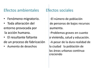 Efectos ambientales Efectos sociales
• Fenómeno migratorio. -El número de población
• Toda alteración del de personas de bajos recursos
entorno provocada por aumenta.
la acción humana. -Problemas graves en cuanto
• El resultante faltante a vivienda, salud y educación.
de un proceso de fabricación -A pesar de la dura realidad de
• Aumento de desechos la ciudad la población de
a las áreas urbanas continua a
a creciendo
 