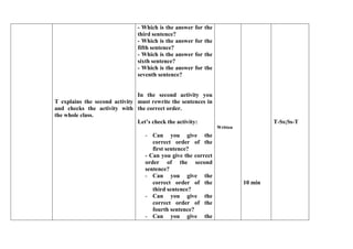 T explains the second activity 
and checks the activity with 
the whole class. 
- Which is the answer for the 
third sentence? 
- Which is the answer for the 
fifth sentence? 
- Which is the answer for the 
sixth sentence? 
- Which is the answer for the 
seventh sentence? 
In the second activity you 
must rewrite the sentences in 
the correct order. 
Let’s check the activity: 
- Can you give the 
correct order of the 
first sentence? 
- Can you give the correct 
order of the second 
sentence? 
- Can you give the 
correct order of the 
third sentence? 
- Can you give the 
correct order of the 
fourth sentence? 
- Can you give the 
Written 
10 min 
T-Ss;Ss-T 
 