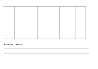 POST LESSON COMMENTS: 
__________________________________________________________________________________________________________________________ 
__________________________________________________________________________________________________________________________ 
__________________________________________________________________________________________________________________________ 
__________________________________________________________________________________________________ 
___________________________________________________________________________________________________________________ 
 