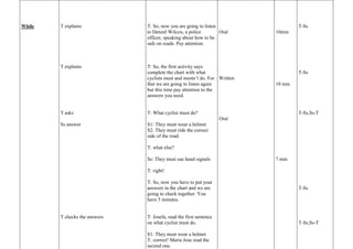 While 
T explains 
T explains 
T asks 
Ss answer 
T checks the answers 
T: So, now you are going to listen 
to Denzel Wilcox, a police 
officer, speaking about how to be 
safe on roads. Pay attention. 
T: So, the first activity says 
complete the chart with what 
cyclists must and mustn’t do. For 
that we are going to listen again 
but this time pay attention to the 
answers you need. 
T: What cyclist must do? 
S1: They must wear a helmet 
S2: They must ride the correct 
side of the road. 
T: what else? 
Ss: They must use hand signals 
T: right! 
T: So, now you have to put your 
answers in the chart and we are 
going to check together. You 
have 5 minutes. 
T: Josefa, read the first sentence 
on what cyclist must do. 
S1: They must wear a helmet 
T: correct! Maria Jose read the 
second one. 
Oral 
Written 
Oral 
10min 
10 min 
7 min 
T-Ss 
T-Ss 
T-Ss,Ss-T 
T-Ss 
T-Ss,Ss-T 
 