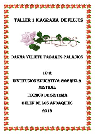 TALLER 1 DIAGRAMA DE FLUJOS
DANNA YULIETH TABARES PALACIOS
10-A
INSTITUCION EDUCATIVA GABRIELA
MISTRAL
TECNICO DE SISTEMA
BELEN DE LOS ANDAQUIES
2013
 