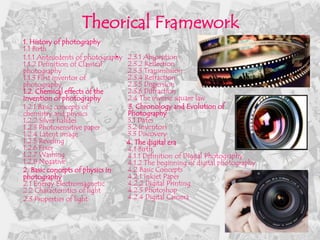 Theorical Framework
1. History of photography
1.1 Birth
1.1.1 Antecedents of photography•   2.3.1 Absorption
1.1.2 Definition of Classical       2.3.2 Reflection
photography                         2.3.3 Transmission
1.1.3 First inventor of             2.3.4 Refraction
photography                         2.3.5 Dispersion
1.2. Chemical effects of the        2.3.6 Diffraction
invention of photography            2.4 The inverse square law
1.2.1 Basic concepts of             3. Chronology and Evolution of
chemistry and physics               Photography
1.2.2 Silver halides                3.1 Dates
1.2.3 Photosensitive paper          3.2 Inventors
1.2.4 Latent image                  3.3 Discovery
1.2.5 Reveling                      4. The digital era
1.2.6 Fixer                         4.1 Birth
1.2.7 Washing                       4.1.1 Definition of Digital Photography
1.2.8 Negative                      4.1.2 The beginning of digital photography
2. Basic concepts of physics in     4.2 Basic Concepts
photography                         4.2.1 Inkjet Paper
2.1 Energy Electromagnetic          4.2.2 Digital Printing
2.2 Characteristics of light        4.2.3 Photoshop
2.3 Properties of light             4.2.4 Digital Camera
 