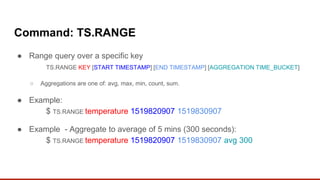 Command: TS.RANGE
● Range query over a specific key
TS.RANGE KEY [START TIMESTAMP] [END TIMESTAMP] [AGGREGATION TIME_BUCKET]
○ Aggregations are one of: avg, max, min, count, sum.
● Example:
$ TS.RANGE temperature 1519820907 1519830907
● Example - Aggregate to average of 5 mins (300 seconds):
$ TS.RANGE temperature 1519820907 1519830907 avg 300
 