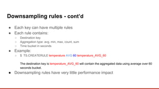 Downsampling rules - cont’d
● Each key can have multiple rules
● Each rule contains:
○ Destination key
○ Aggregation type: avg, min, max, count, sum
○ Time bucket in seconds
● Example:
○ $ TS.CREATERULE temperature AVG 60 temperature_AVG_60
The destination key is temperature_AVG_60 will contain the aggregated data using average over 60
seconds bucket.
● Downsampling rules have very little performance impact
 