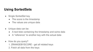 Using SortedSets
● Single SortedSet key
● The score is the timestamp
● The values are unique data
● Unique data can be:
● A text blob containing the timestamp and some data
● A “reference” to another key with the actual data
● How do you query?
1. ZRANGEBYSCORE - get all related keys
2. Fetch all data from the keys
 