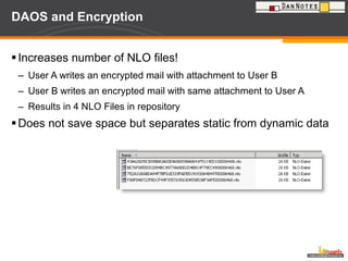 DAOS and Encryption Increases number of NLO files! User A writes an encrypted mail with attachment to User B User B writes an encrypted mail with same attachment to User A Results in 4 NLO Files in repository Does not save space but separates static from dynamic data 