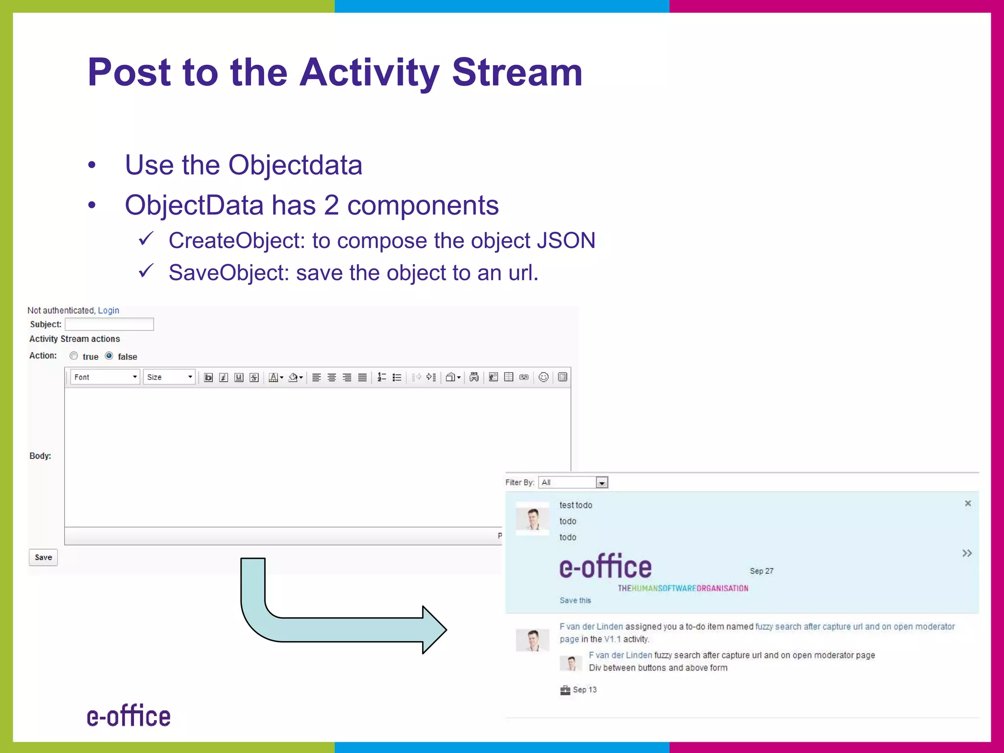 Post to the Activity Stream

• Use the Objectdata
• ObjectData has 2 components
    CreateObject: to compose the object JSON
    SaveObject: save the object to an url.
 