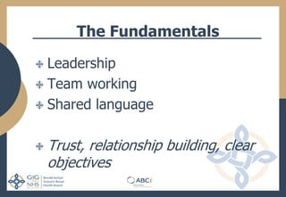 The Fundamentals
Leadership
Team working
Shared language
Trust, relationship building, clear
objectives
 