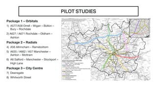 PILOT STUDIES
Package 1 – Orbitals
1) A577/A58 Orrell – Wigan – Bolton –
Bury – Rochdale
2) A627 / A671 Rochdale – Oldham –
Ashton
Package 2 – Radials
4) A56 Altrincham – Ramsbottom
5) A635 / A662 / A57 Manchester –
Ashton – Mottram
6) A6 Salford – Manchester – Stockport –
High Lane
Package 3 – City Centre
7) Deansgate
8) Whitworth Street
 
