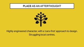 PLACE AS AN AFTERTHOUGHT
Highly engineered character, with a ‘cars-first’ approach to design.
Struggling local centres.
 