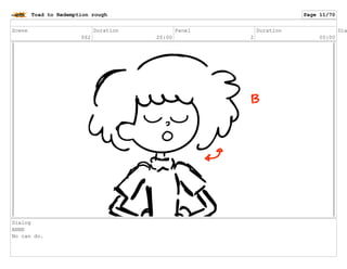 Scene
062
Duration
20:00
Panel
2
Duration
05:00
Dia
Dialog
ANNE
No can do.
Toad to Redemption rough Page 11/70
 