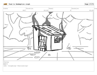 Scene
063
Duration
20:00
Panel
4
Duration
05:00
Dia
Dialog
MARCY
(OS) <coughing> Fascinating!
Toad to Redemption rough Page 17/70
 